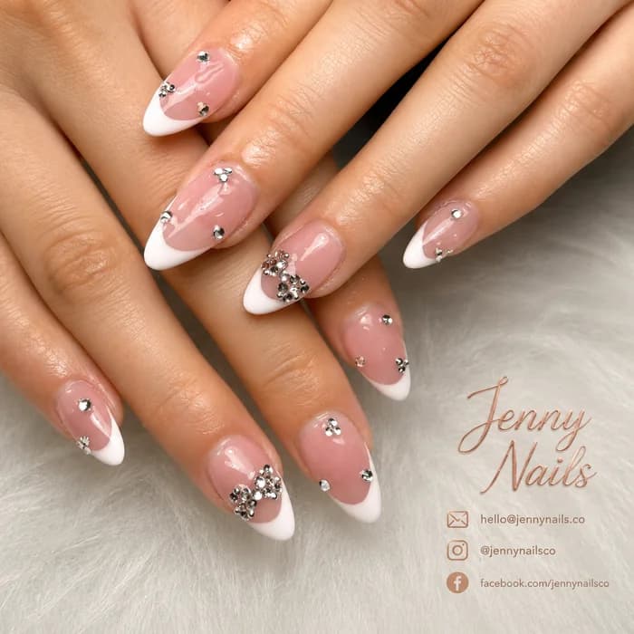 White French rhinestone nails with soft pink base at Elysian Nails & Spa in Green Valley, Arizona