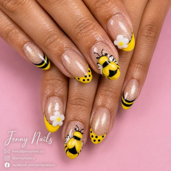Bee nail art with yellow and black accents at Elysian Nails & Spa in Green Valley, Arizona