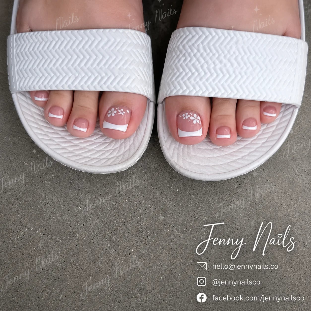 French manicure with hand-painted three-dimensional floral nail art