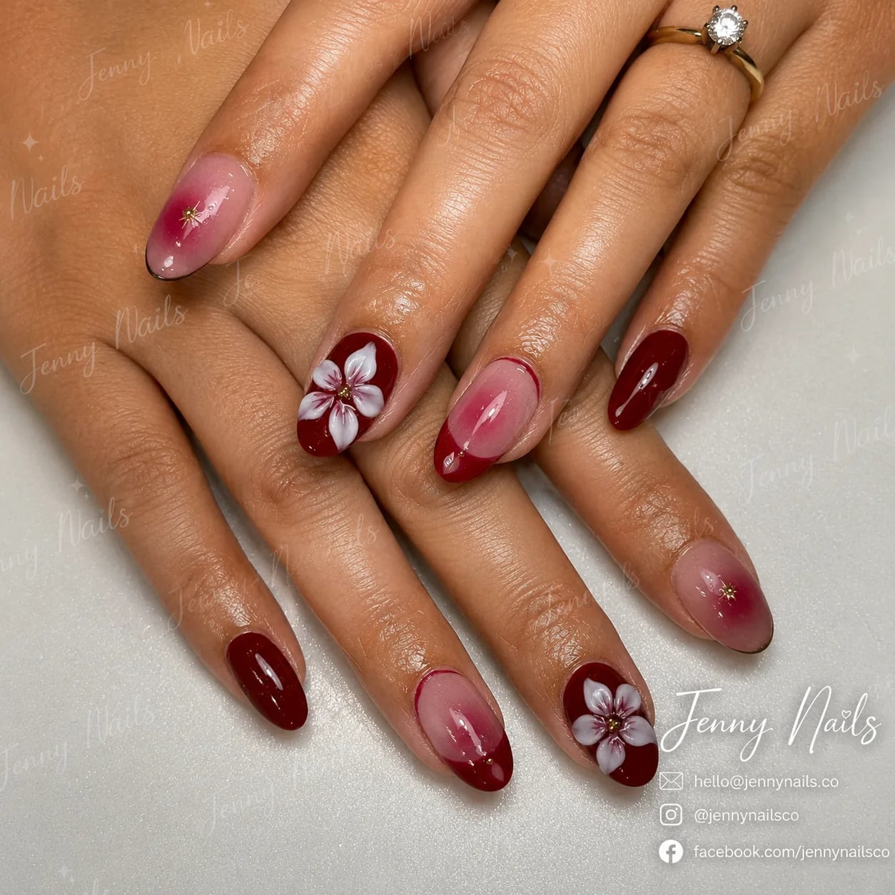 Close-up of a custom hand-painted nail art set